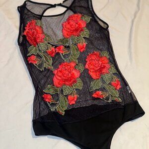 Charlotte Russe Black Sheer Mesh Bodysuit w/ Red Rose Floral Embroidery